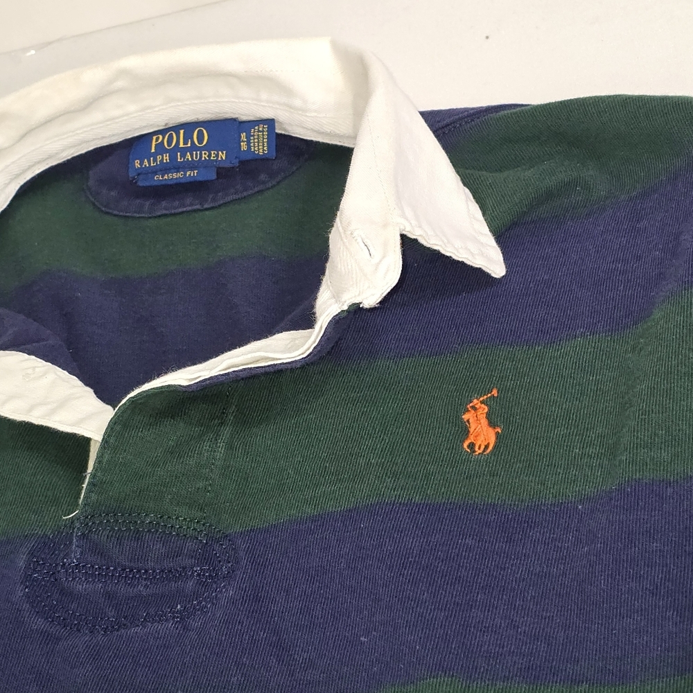 Polo Ralph Lauren Iconic Rugby Striped Collared Shirt XL Green Blue - Picture 3 of 7